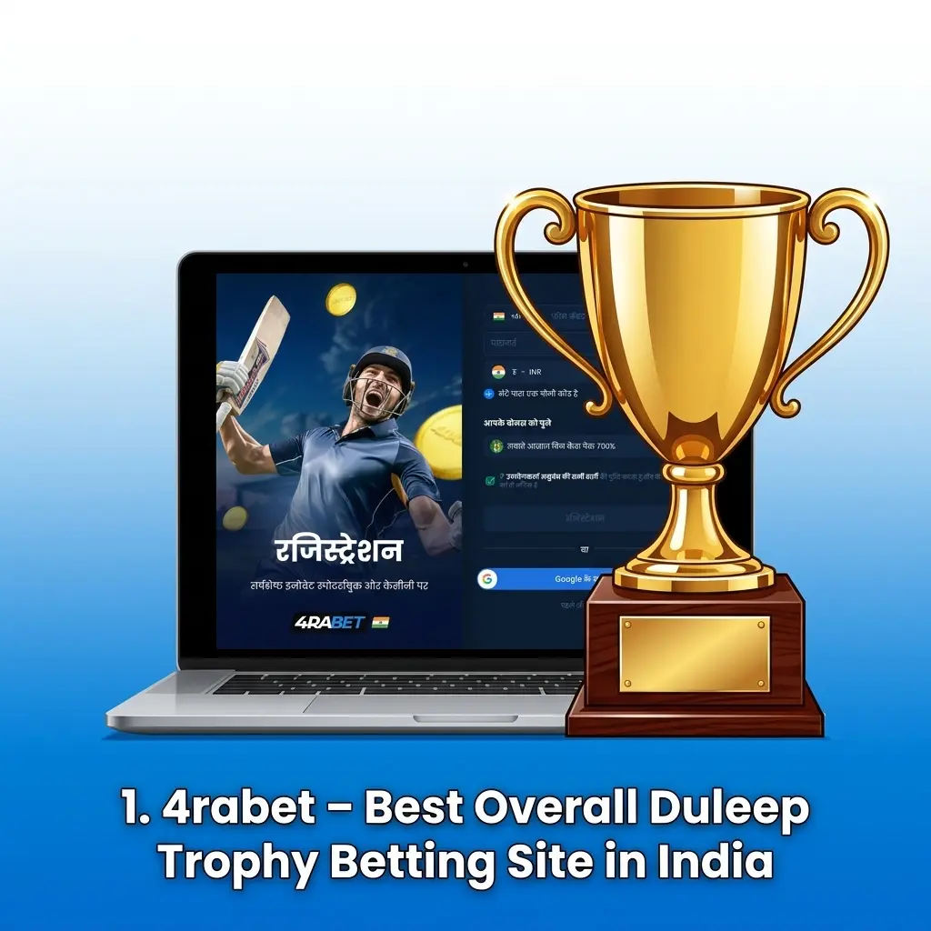 4rabet sportsbook interface showing Duleep Trophy cricket betting markets with UPI payment options and welcome bonus details