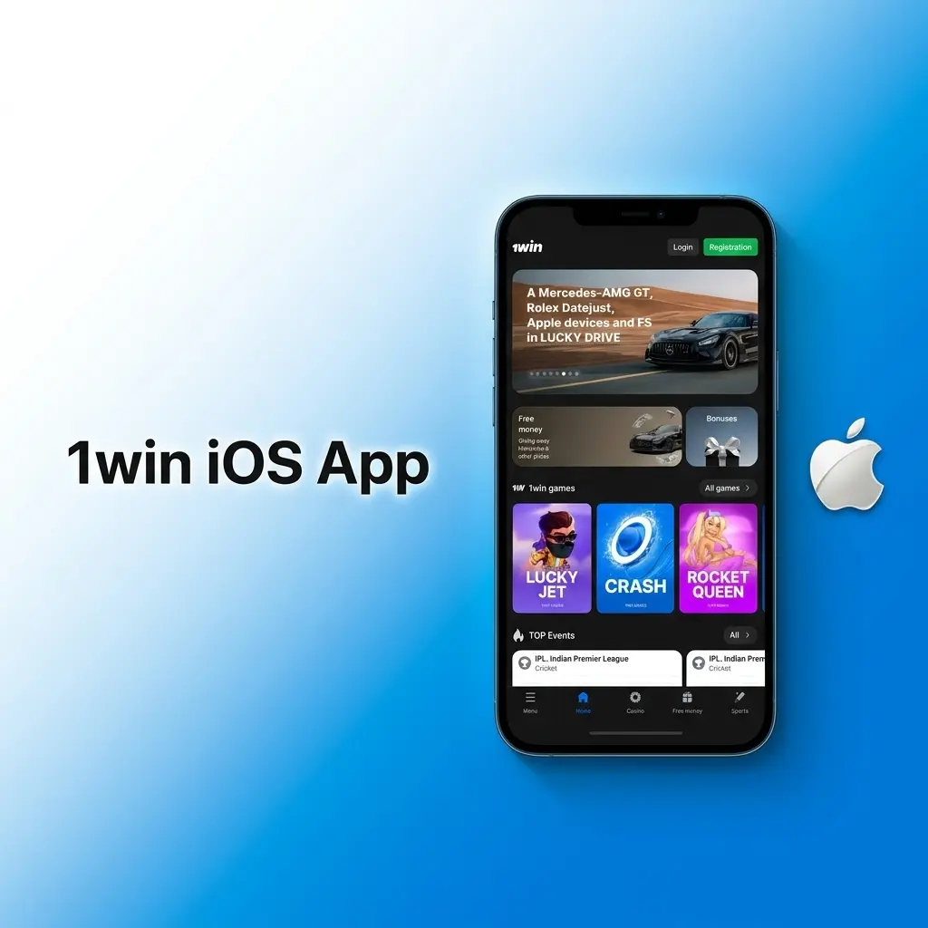 1win iOS app installation guide showing download, profile trust, and sign-in steps for iPhone 6s and later.