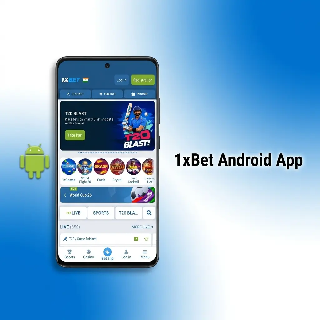 1xBet Android app interface showing download option and minimum system requirements for Indian Android devices