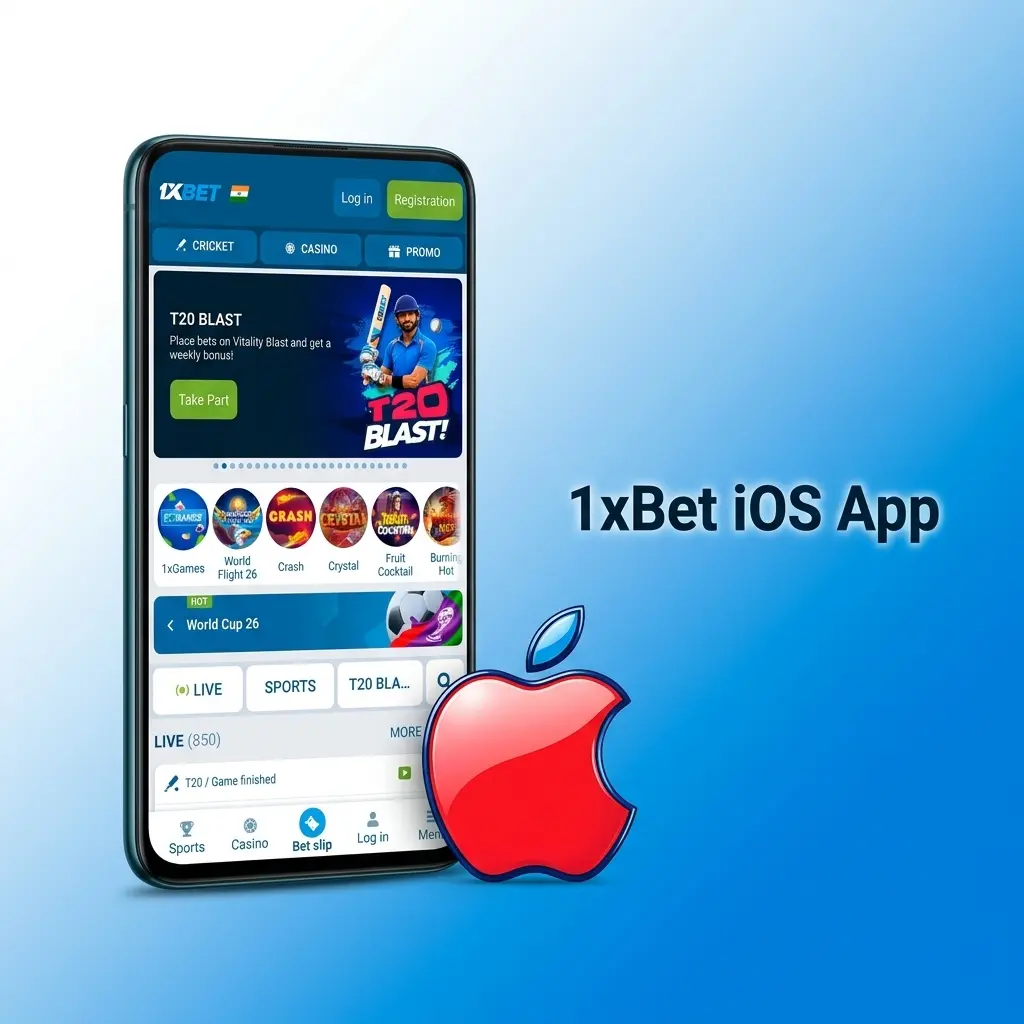 1xBet iOS app interface showing download options and compatibility details for iPhone and iPad users in India