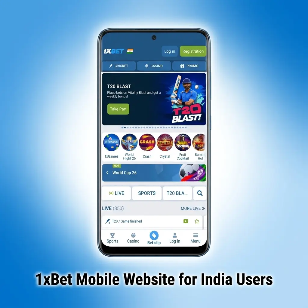 1xBet mobile website interface on Android and iOS browsers for India users with UPI and sports betting access