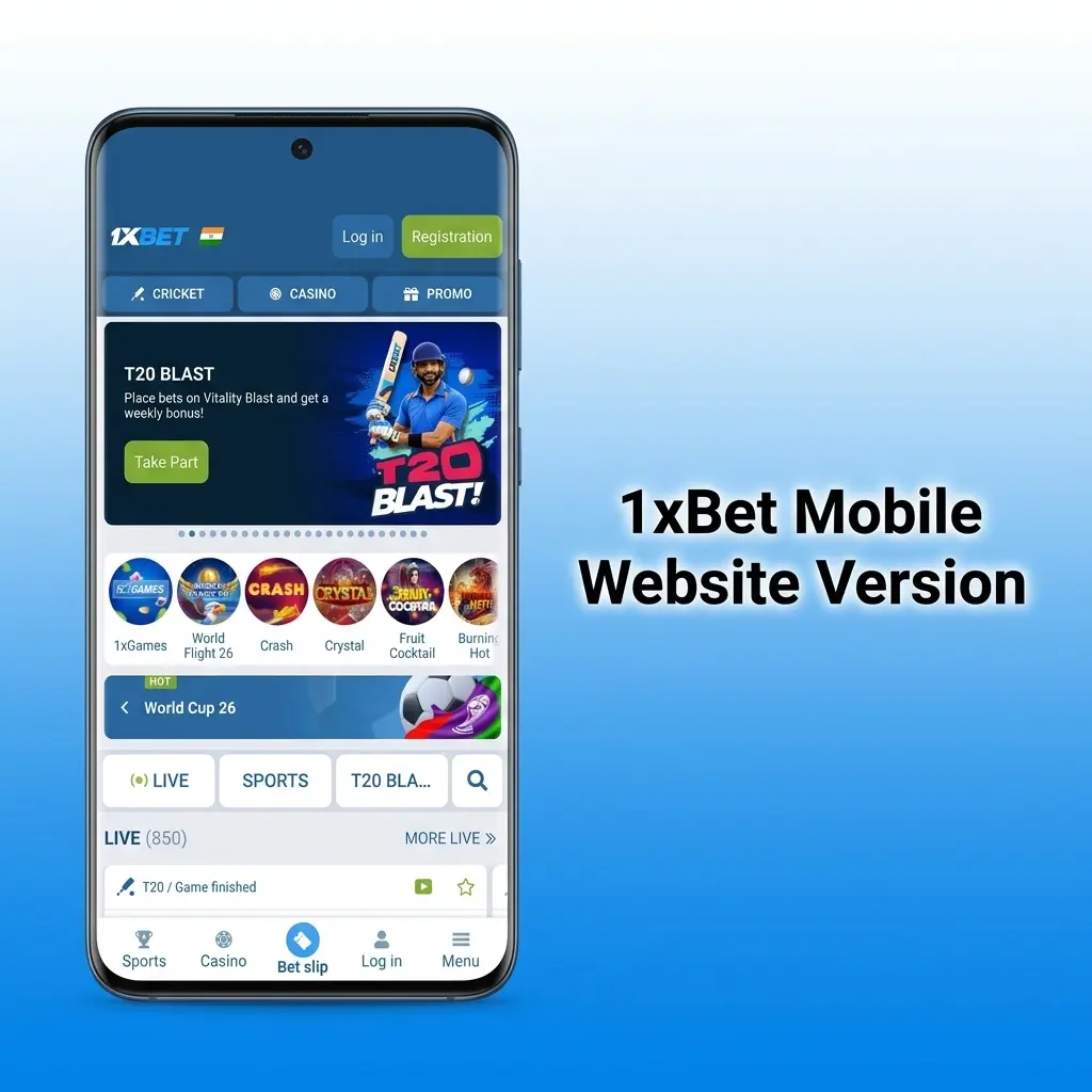 1xBet mobile website interface showing sports betting, casino games, and payment features accessible on smartphone browsers