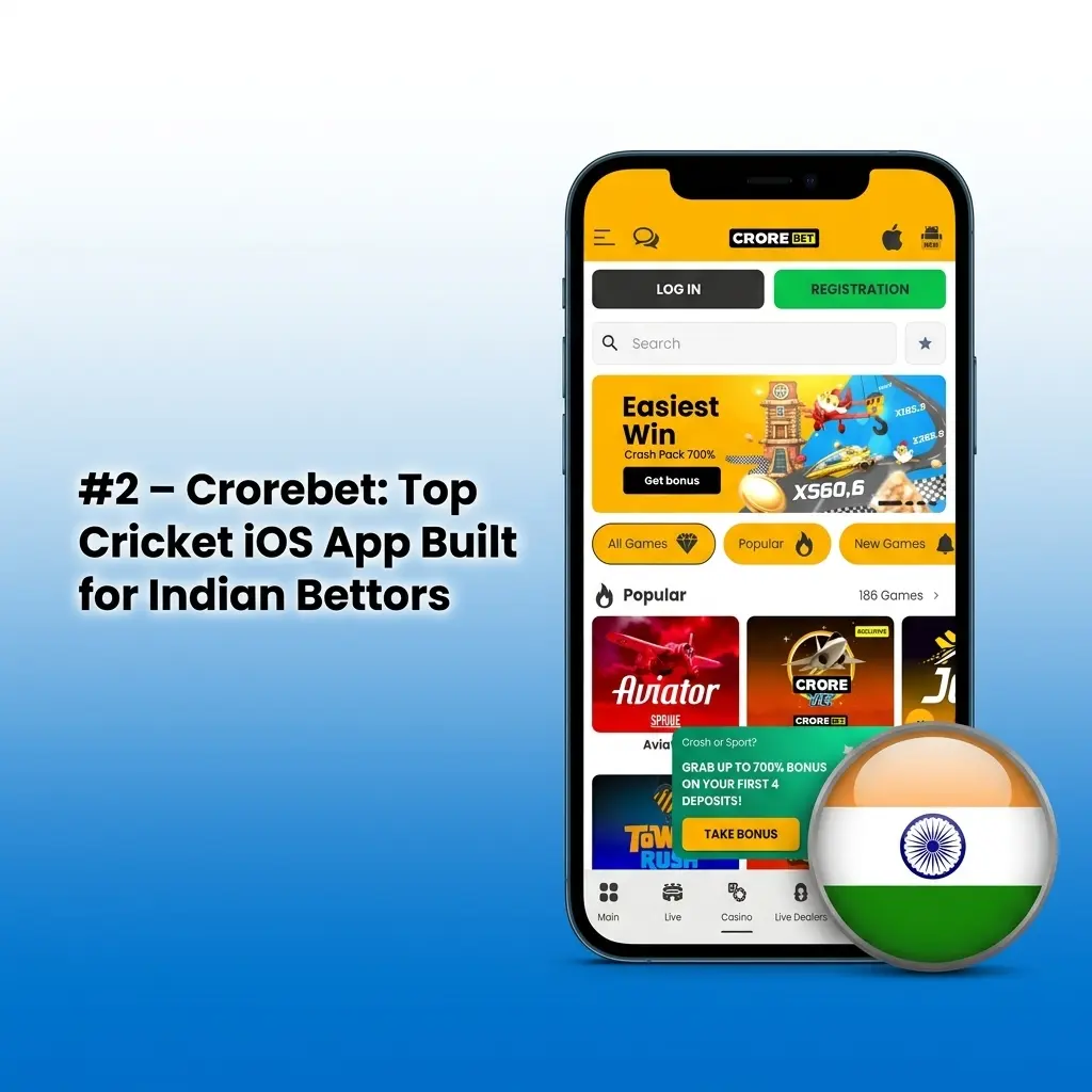Crorebet iOS cricket betting app interface showing IPL markets and 700% welcome bonus for Indian bettors