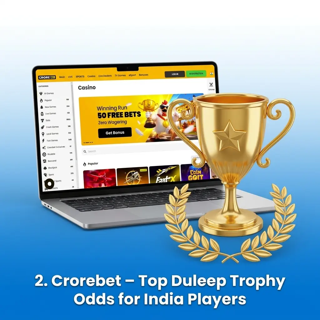 Crorebet sportsbook interface showing Duleep Trophy cricket betting odds and India domestic cricket markets