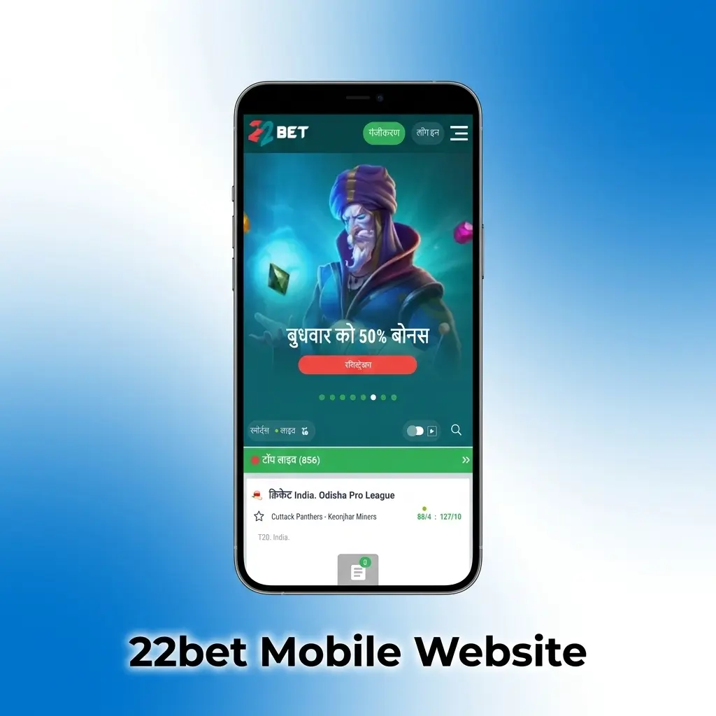 22bet mobile website interface showing sportsbook, live betting, and payment options on a smartphone browser