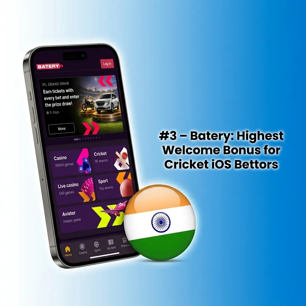 Batery app PWA on iPhone showing 500% welcome bonus up to ₹1,50,000 for cricket betting on iOS