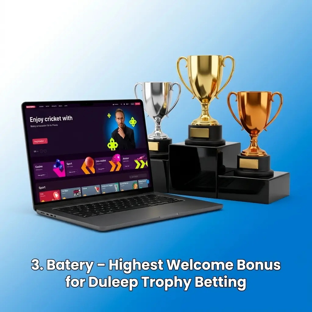 Batery sportsbook welcome bonus offer for Duleep Trophy betting with 500% up to 1,50,000 INR plus free spins