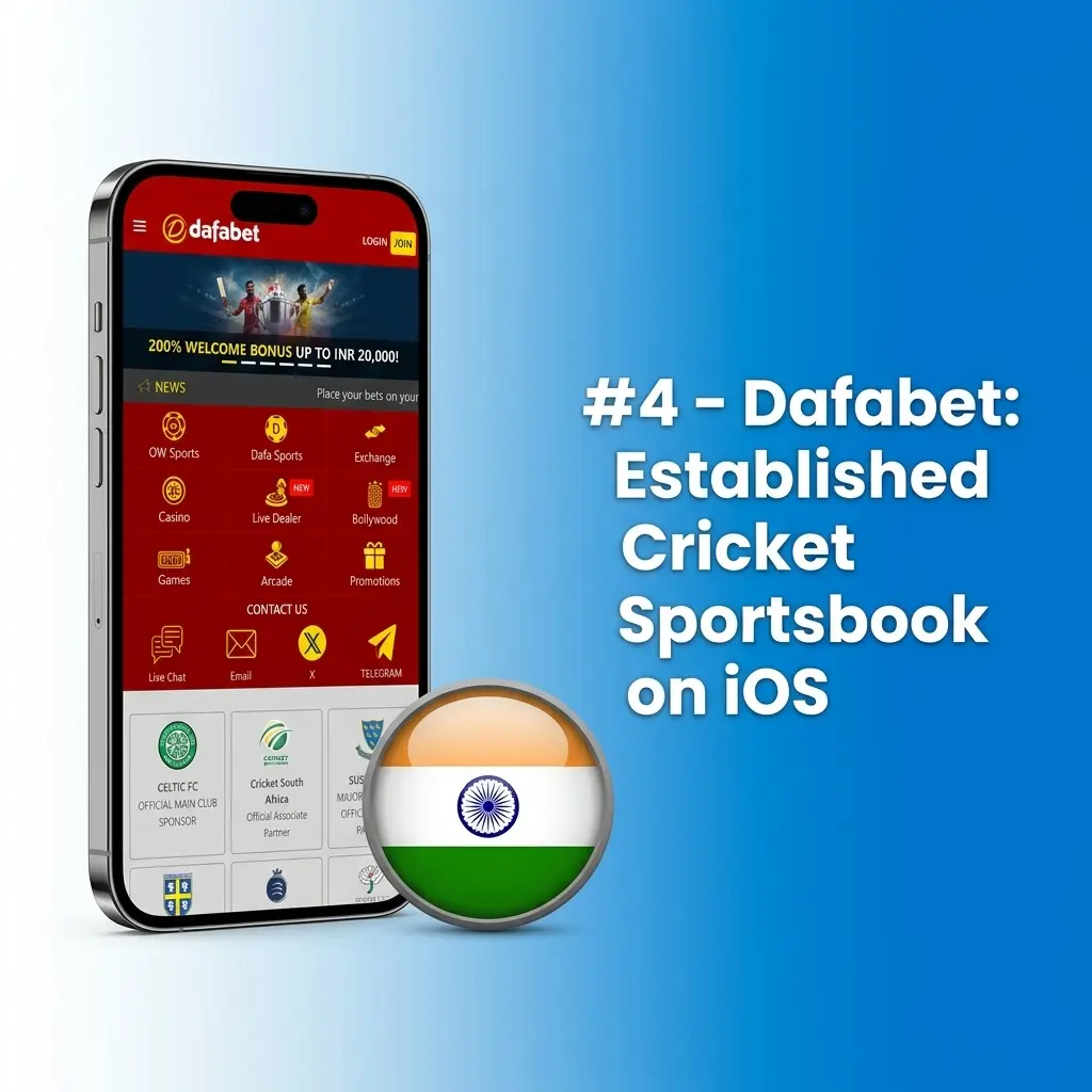 Dafabet iOS PWA cricket betting app showing IPL live markets and 200% welcome bonus up to ₹20,000