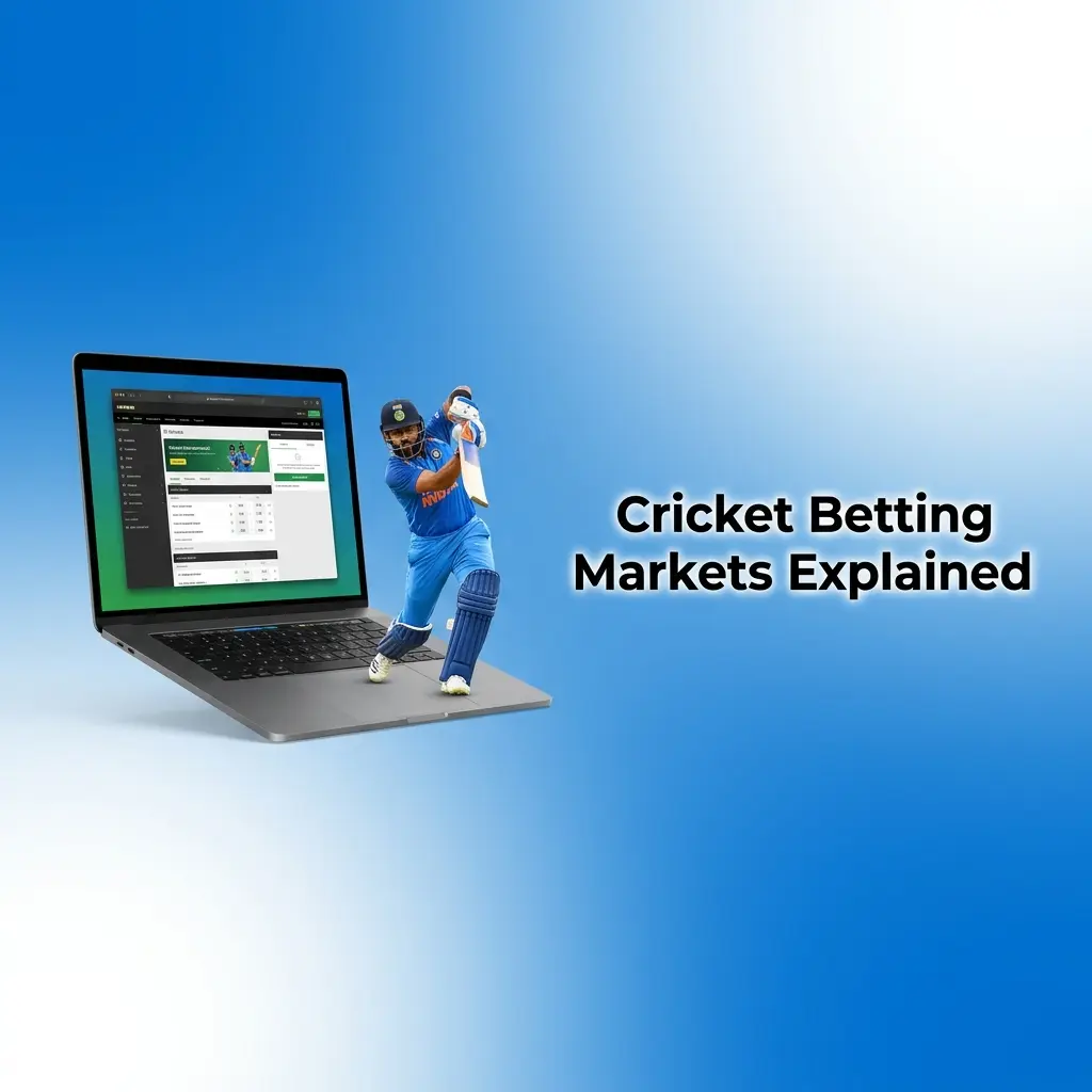 Cricket betting markets guide showing Match Winner, Top Batsman, Over/Under, and session betting options for IPL and ICC fixtures