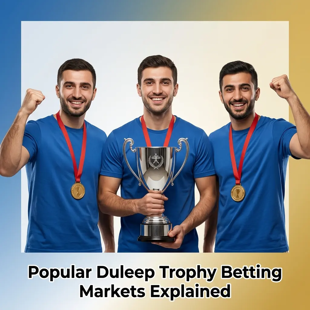 Duleep Trophy betting markets including match winner, top batsman, over/under runs, session bets, and fall of wicket
