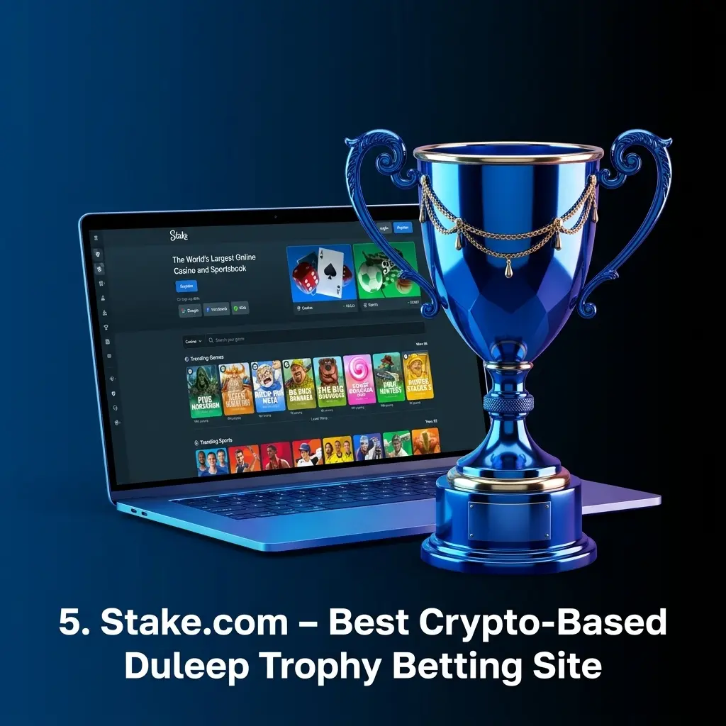 Stake.com crypto sportsbook offering Duleep Trophy betting with 22 cryptocurrencies and ball-by-ball live wagering