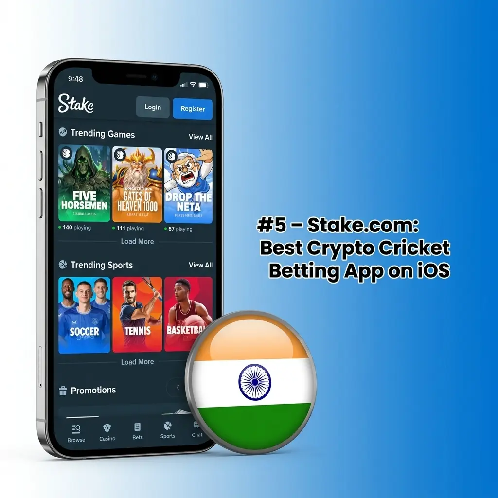 Stake.com crypto cricket betting app iOS interface showing Bitcoin and USDT wagering options for IPL matches