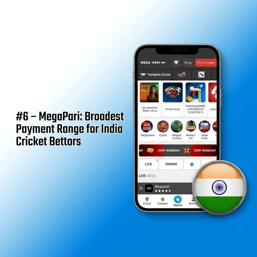 MegaPari cricket betting app India showing INR payment options UPI PhonePe Google Pay with 200% welcome bonus