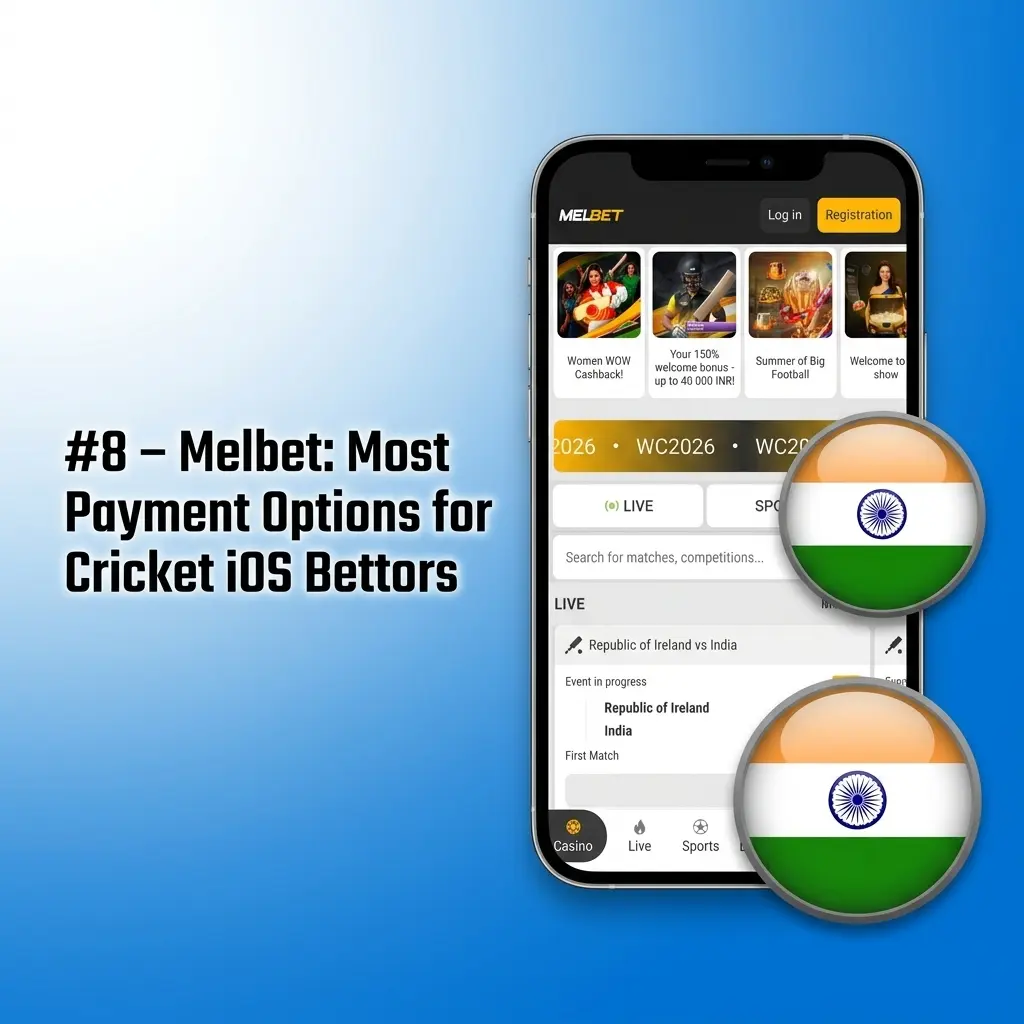 Melbet iOS app interface showing 60+ payment options including UPI, PhonePe, and crypto for cricket betting in India