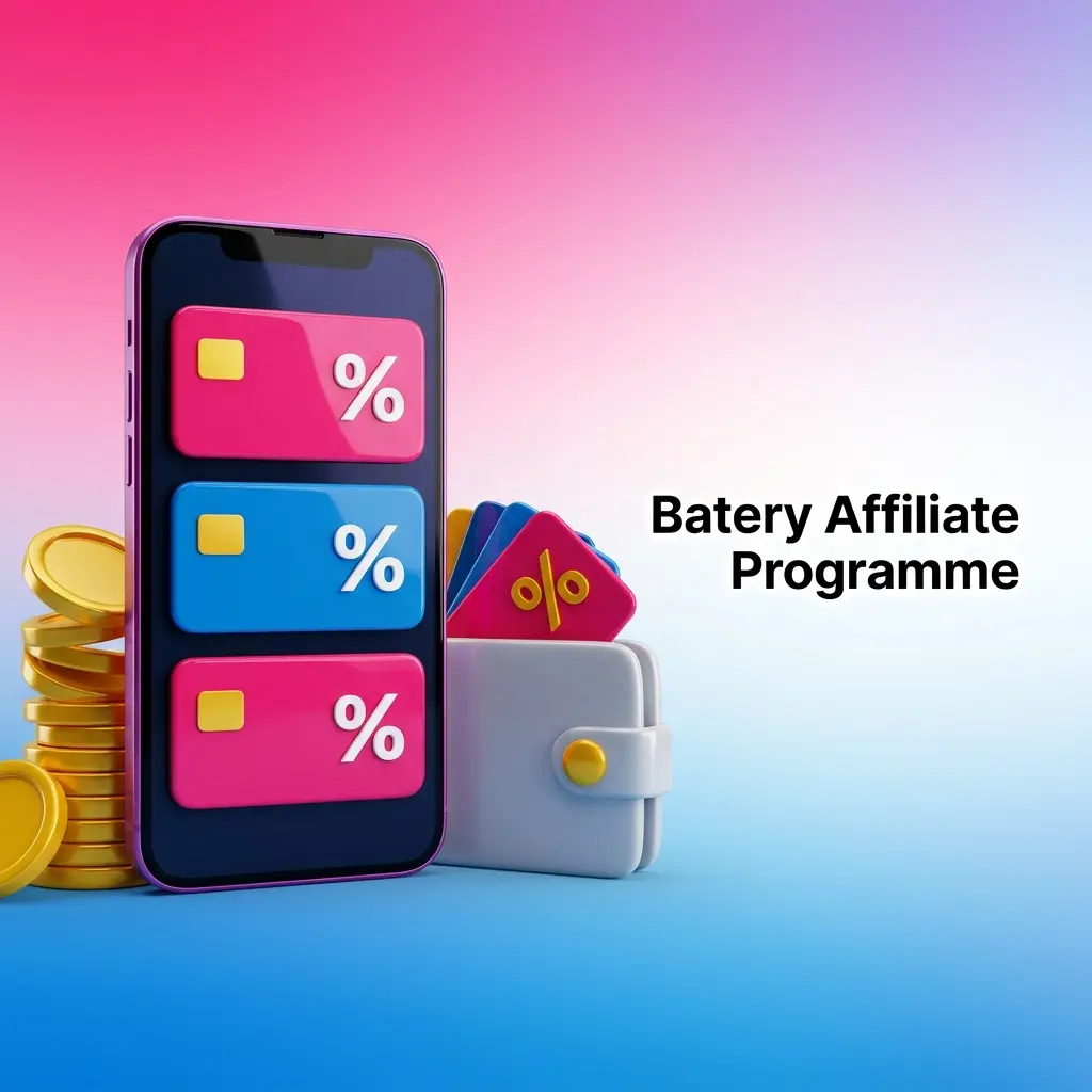 Batery affiliate programme dashboard showing revenue share commission structure for content creators and webmasters