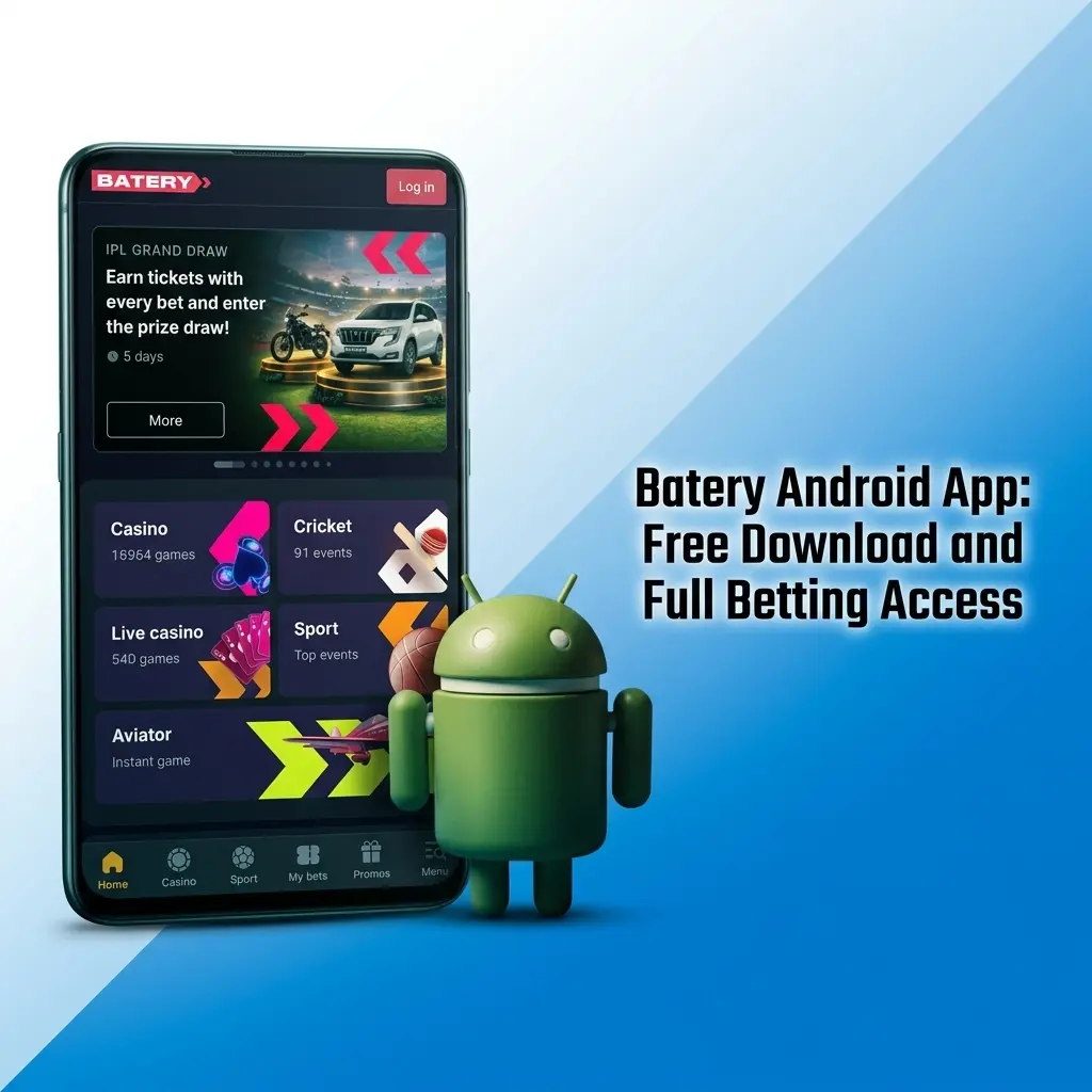 Batery Android app free download screen showing sports betting access with UPI payments and live streaming for Indian users