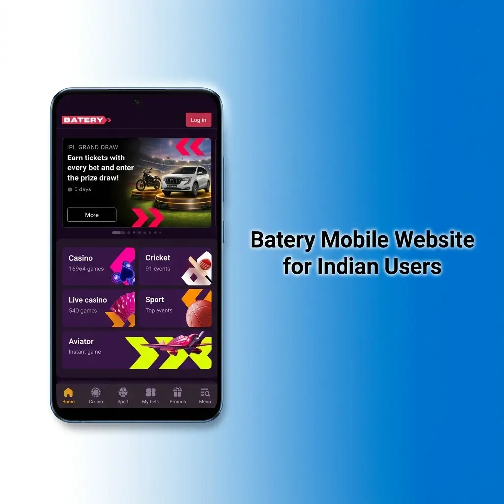 Batery mobile website on Android and iOS browsers with UPI payments and full sports betting access for Indian users