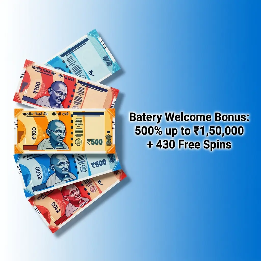 Batery welcome bonus 500% up to ₹1,50,000 plus 430 free spins with 5x wagering and ₹200 minimum deposit