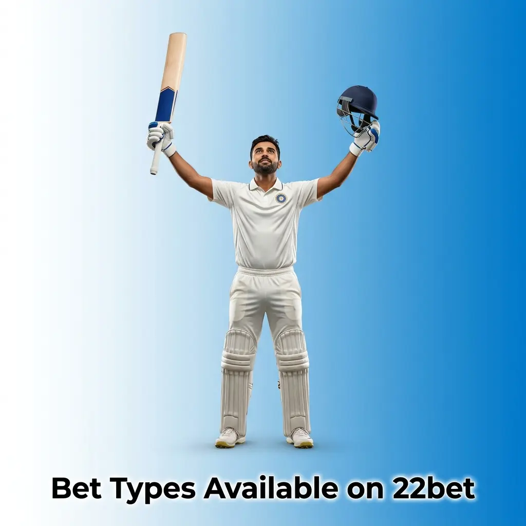22Bet platform interface showing single bet, accumulator parlay, and system bet types for cricket and football wagering