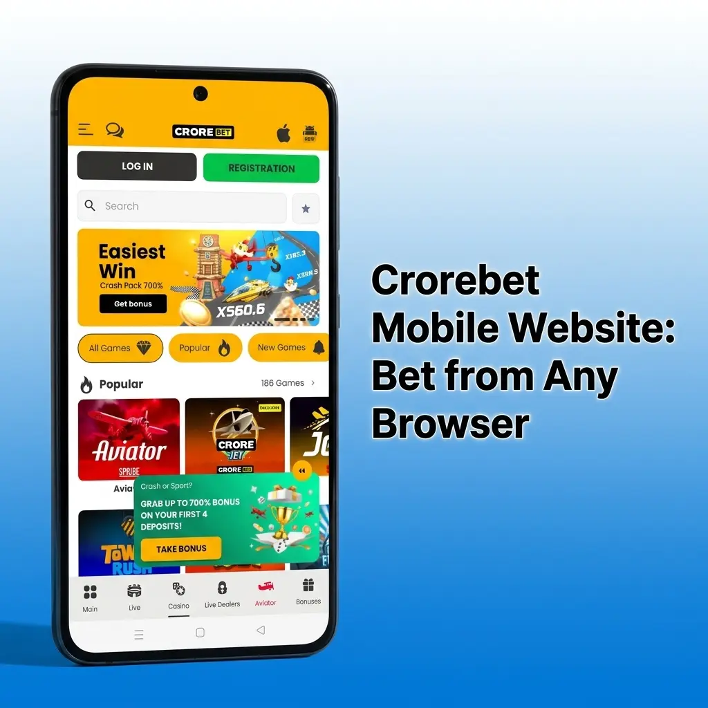 Crorebet mobile website interface on smartphone browser showing live betting markets and UPI payment options