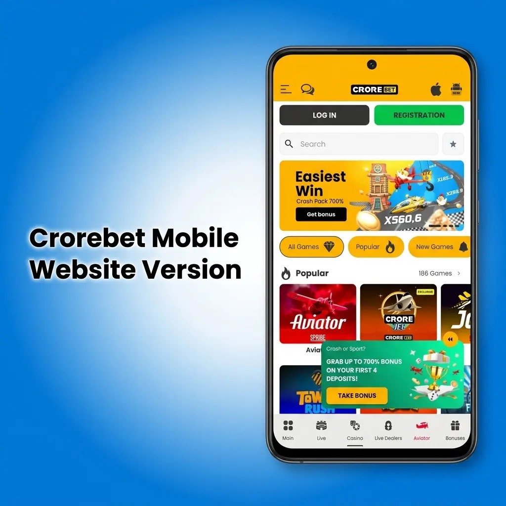 Crorebet mobile website version showing responsive design on smartphone and tablet browsers for sports betting and casino games