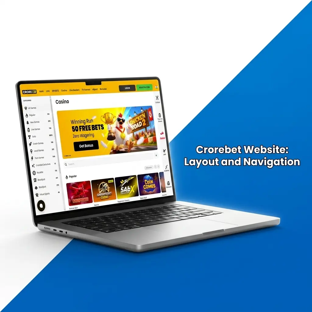 Crorebet dark-themed website showing top navigation bar with Sports, Live Betting, Casino, and Promotions sections