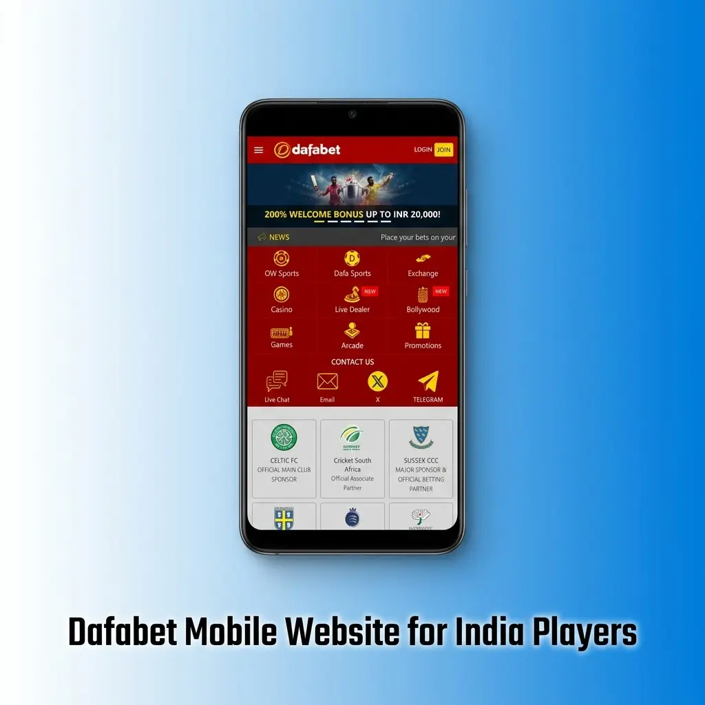 Dafabet mobile website interface displayed on a smartphone browser for India players accessing sports betting and casino games