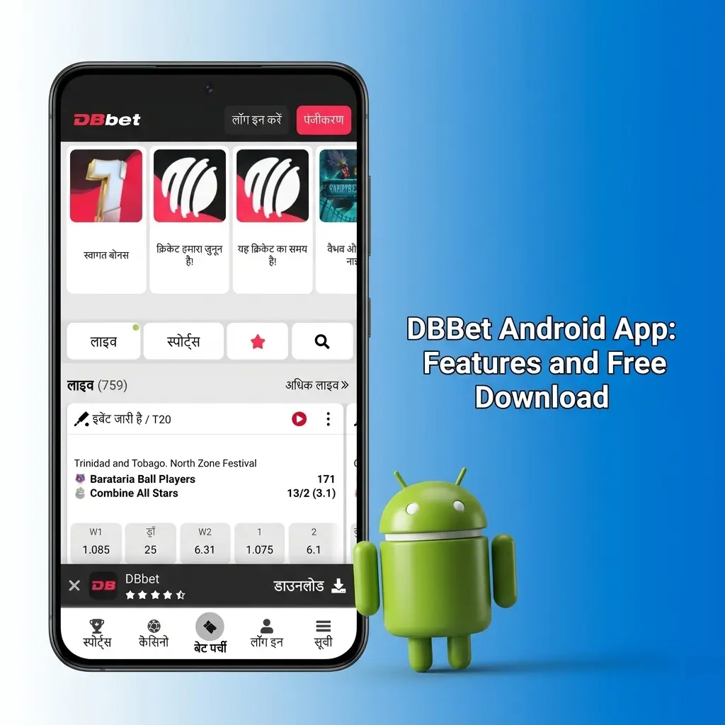 DBBet Android app download screen showing sports betting features, system requirements, and compatible Indian smartphones