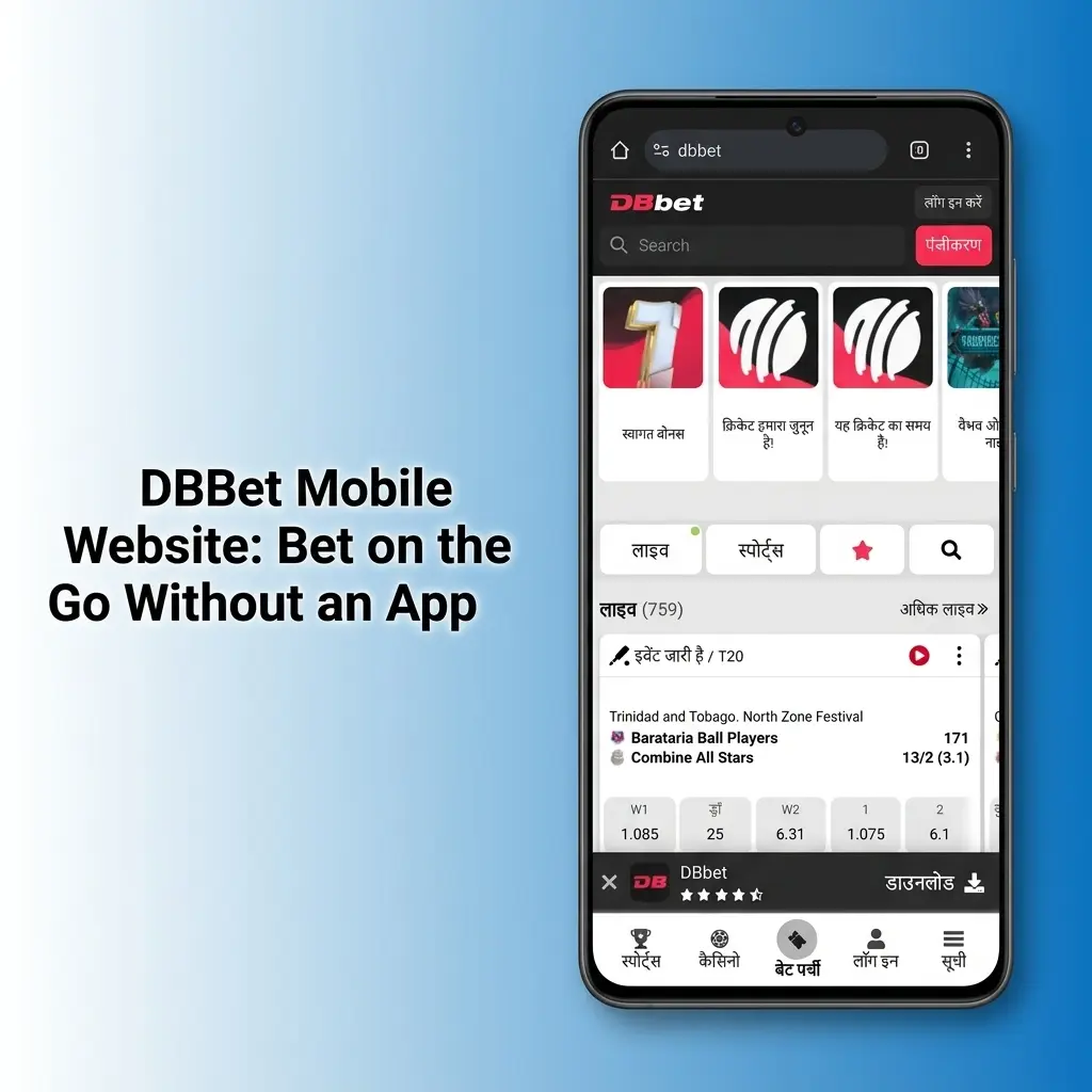 DBBet mobile website interface on smartphone showing live betting markets and UPI payment options without app download
