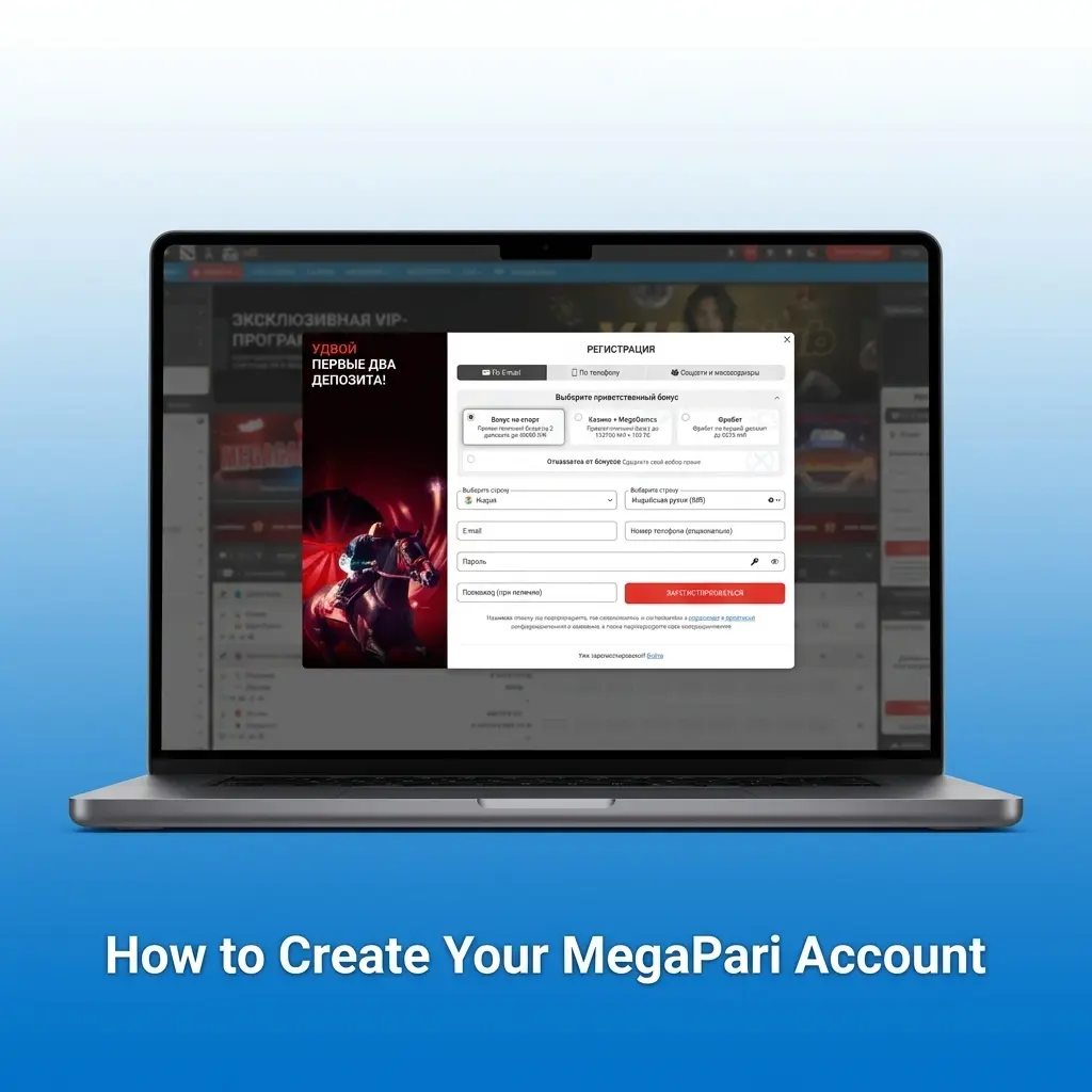 MegaPari account registration form showing sign-up options via email, phone, or social login for Indian users