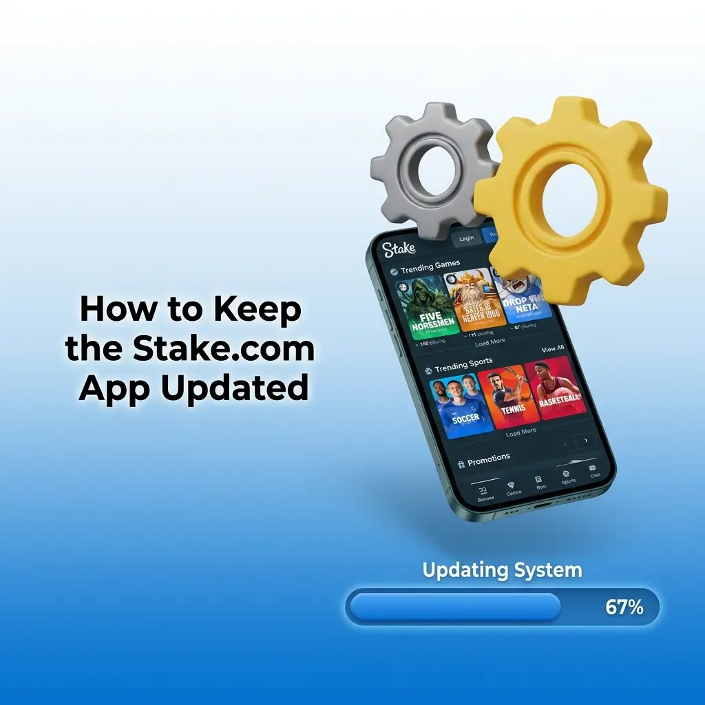 Stake.com app update guide showing Android APK download steps and iOS App Store update process for latest version