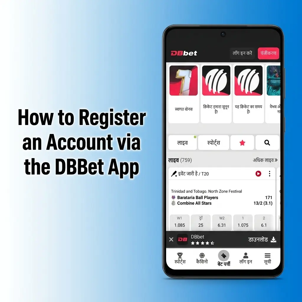 Step-by-step DBBet app account registration process showing sign-up form with personal details and INR currency selection