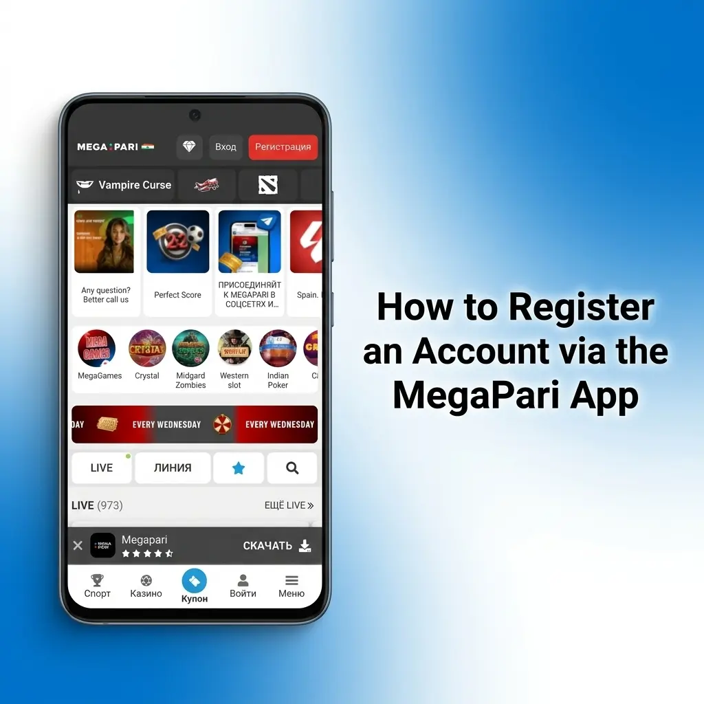 MegaPari app account registration steps showing sign-up options for Indian users with INR currency selection