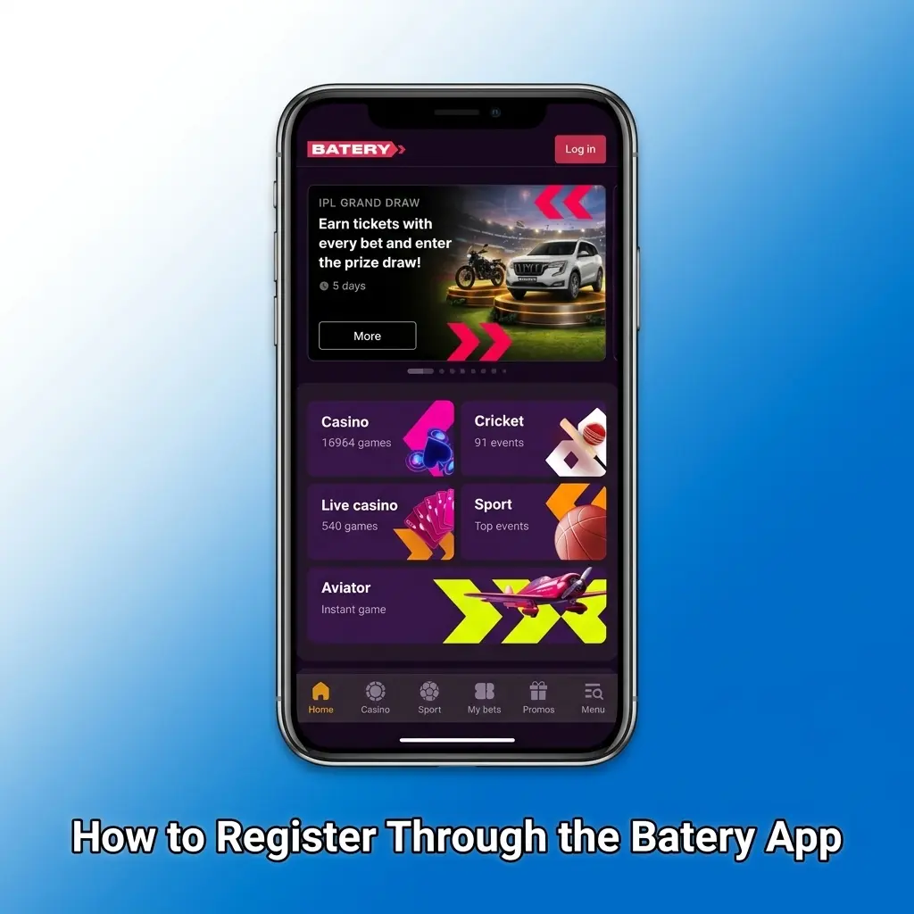 Batery app registration screen showing sign-up steps including email, phone, or social account options for new users