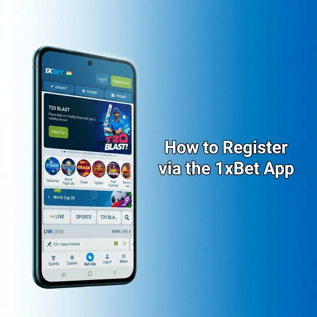 Step-by-step 1xBet app registration process showing account setup options including phone, email, and social media sign-up