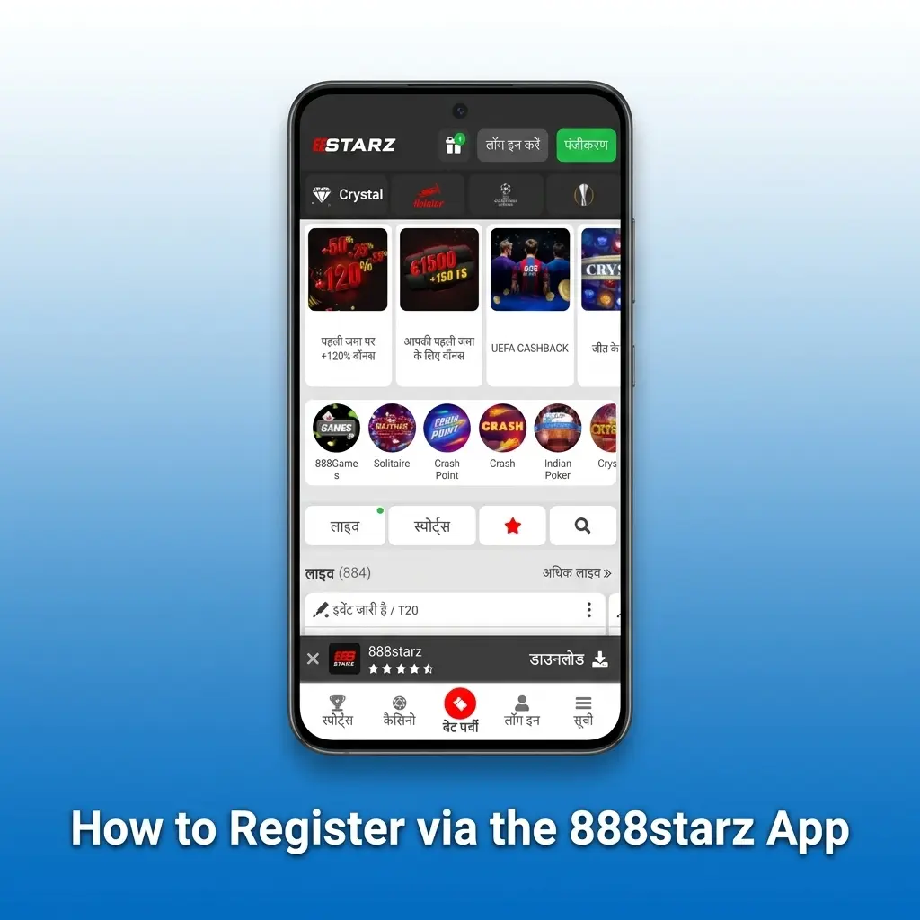 888starz app registration form on mobile showing country selection, currency, and welcome bonus options for Indian users