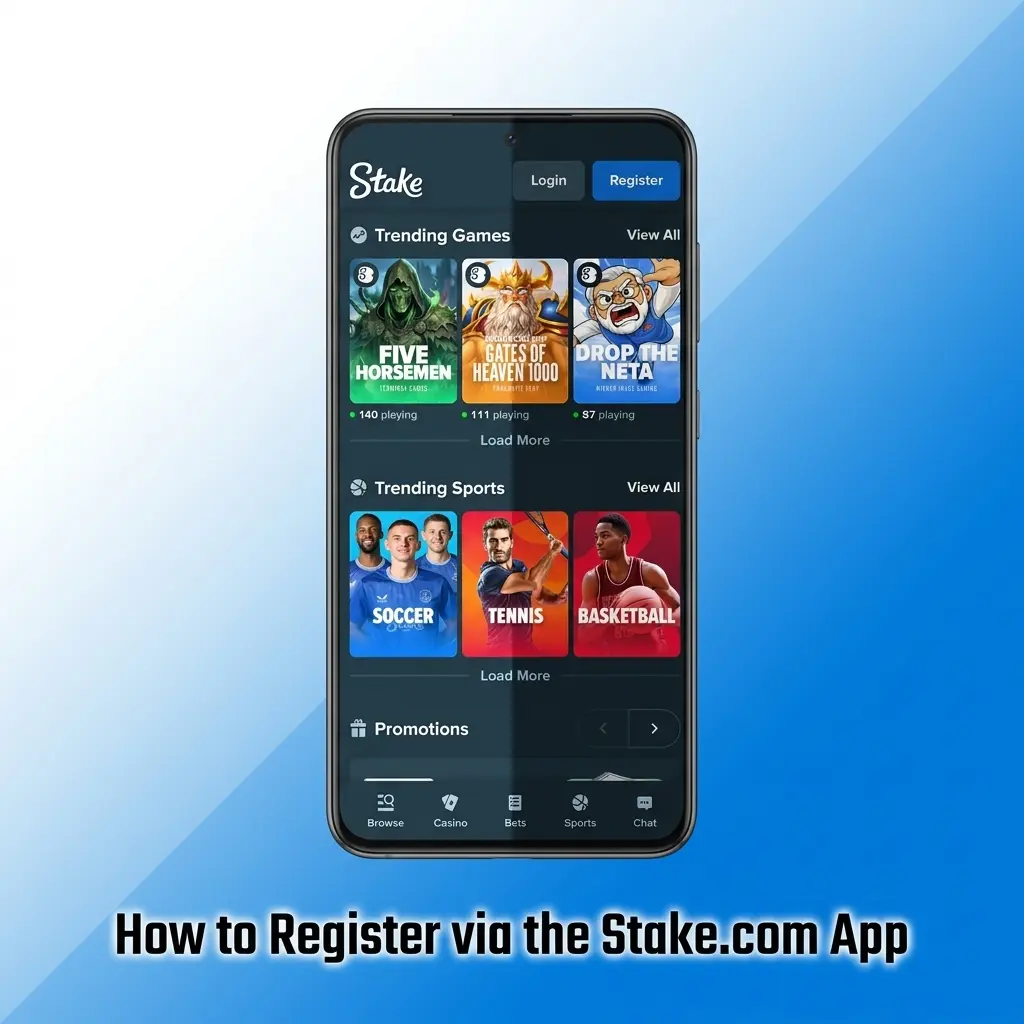Stake.com app registration form showing email, password, username fields and terms acceptance steps