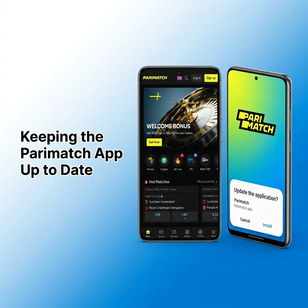 Parimatch app update steps for Android and iOS showing settings menu and App Store update screen