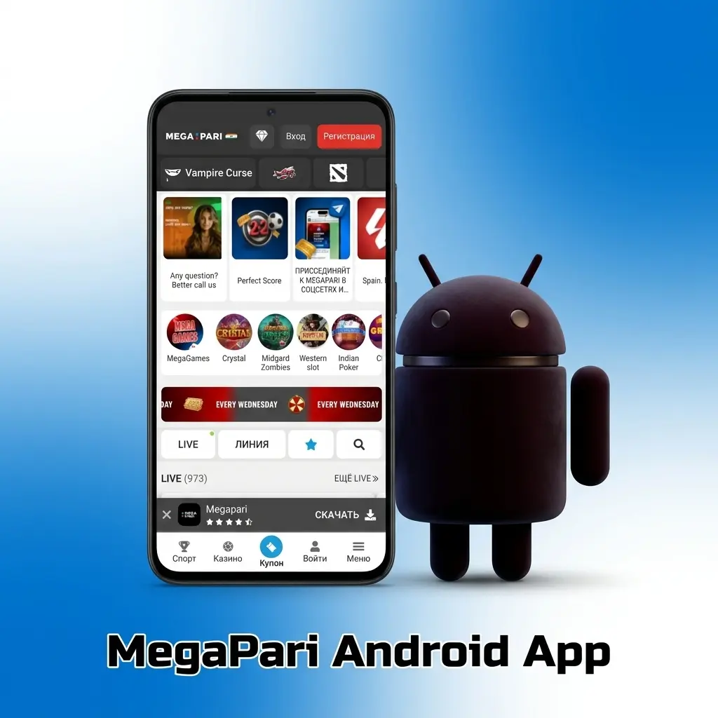 MegaPari Android app APK download interface showing system requirements and compatible smartphones for Indian users