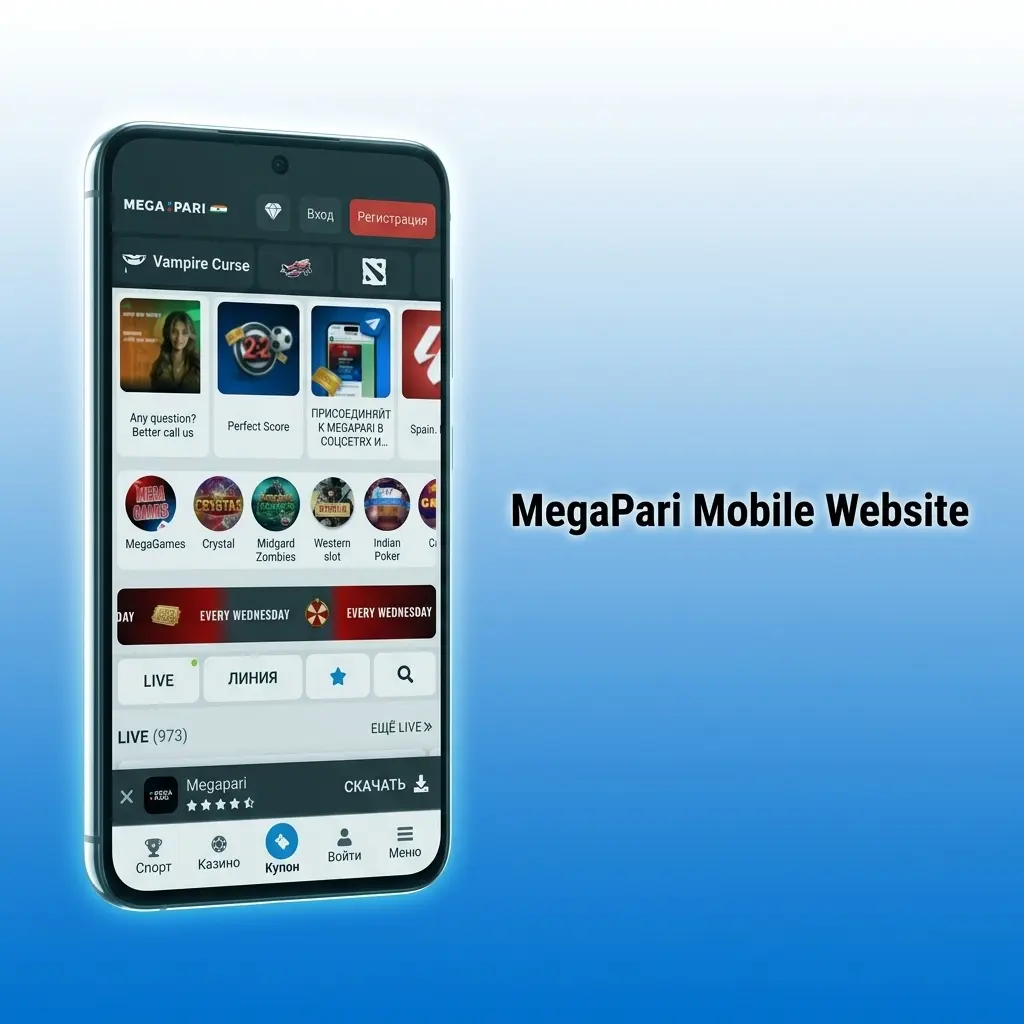 MegaPari mobile website interface on Android and iOS browser with sports betting, UPI payments, and promotions