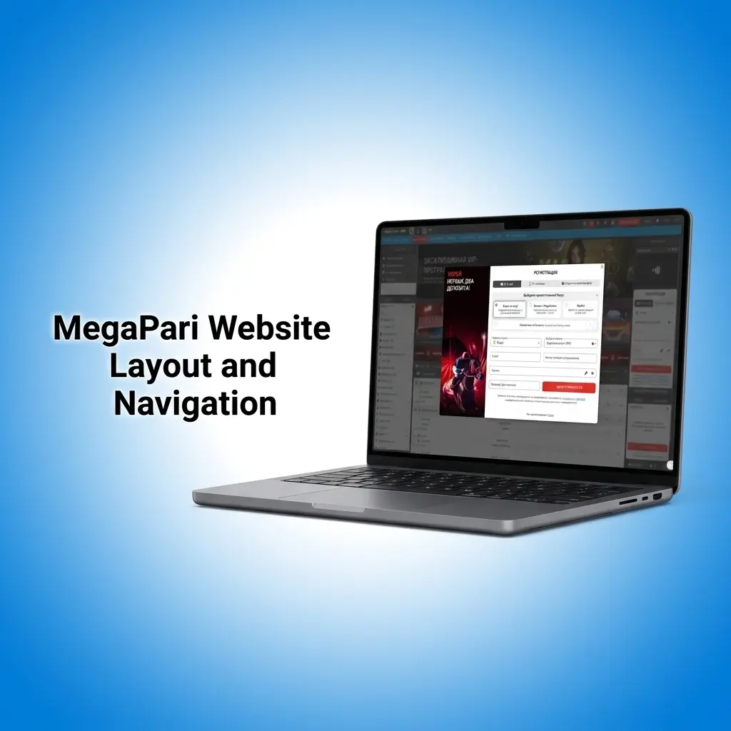 MegaPari dark-themed website layout showing top navigation bar with Sports, Casino, eSports, and Promotions sections