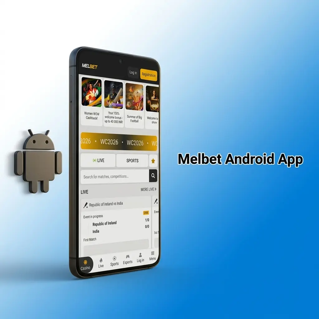 Melbet Android app APK download screen showing sports betting and casino access for Indian mobile users