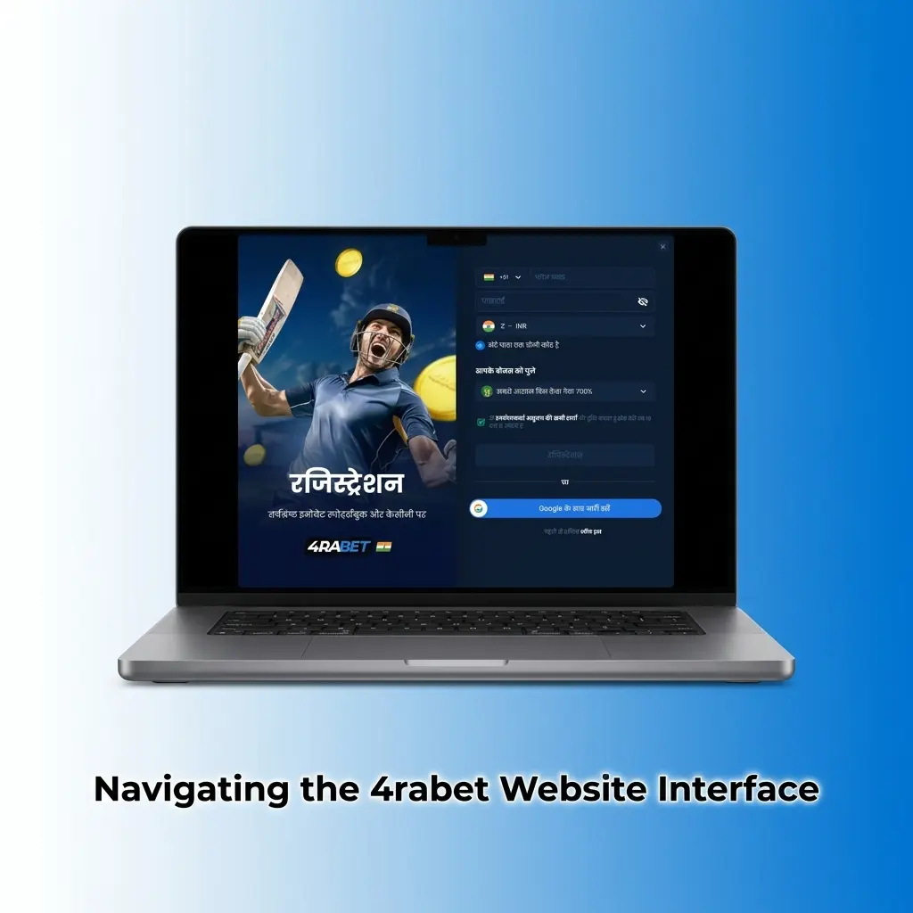 4rabet website interface showing top navigation bar with Sports, Live, Casino, eSports sections and promotions tab for Indian players