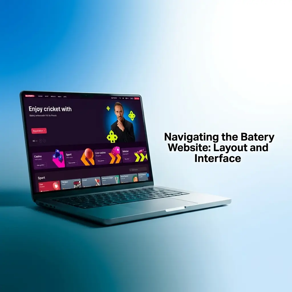 Batery website dark-themed layout with top navigation bar showing sports, casino, and promotions for Indian users