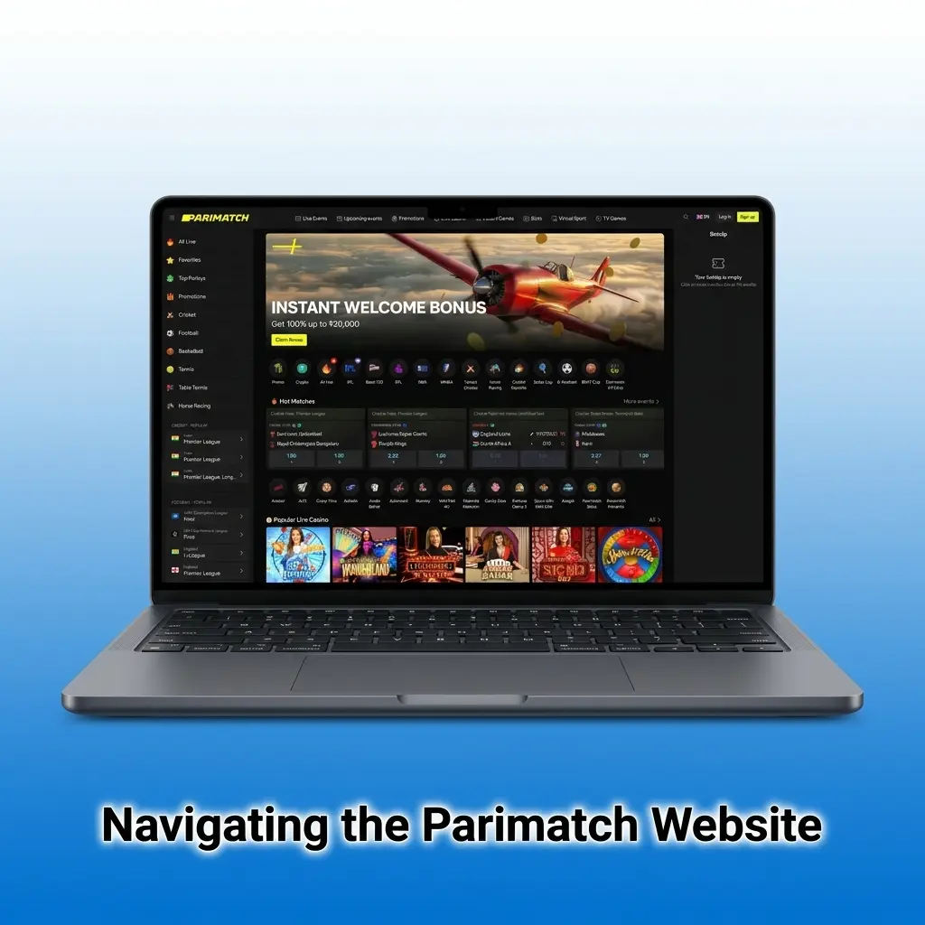 Parimatch dark-themed website layout showing top navigation bar with Sports, Live, eSports, Casino, and Promotions sections