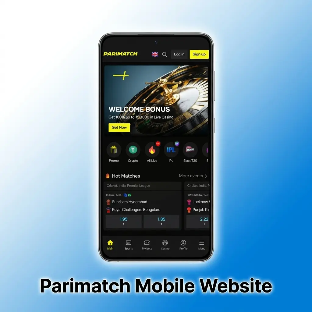 Parimatch mobile website interface on smartphone browser showing sports betting and casino options for Indian users