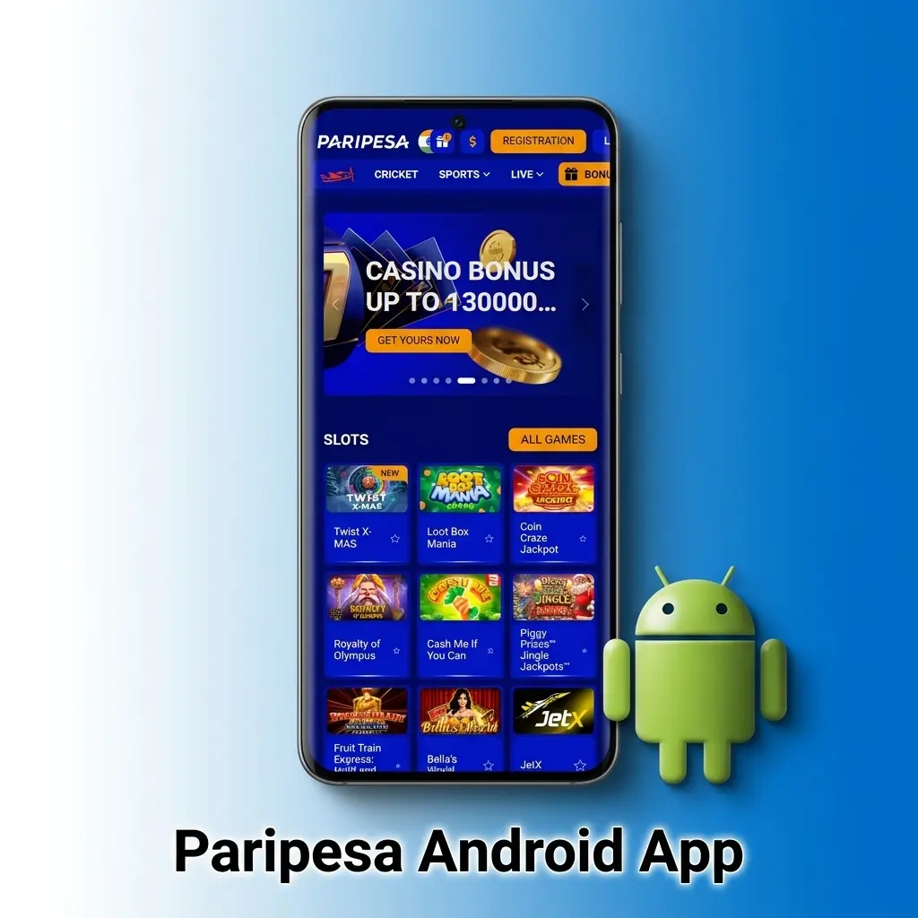 Paripesa Android app interface showing sports betting, live streaming, and UPI deposit options for Indian users