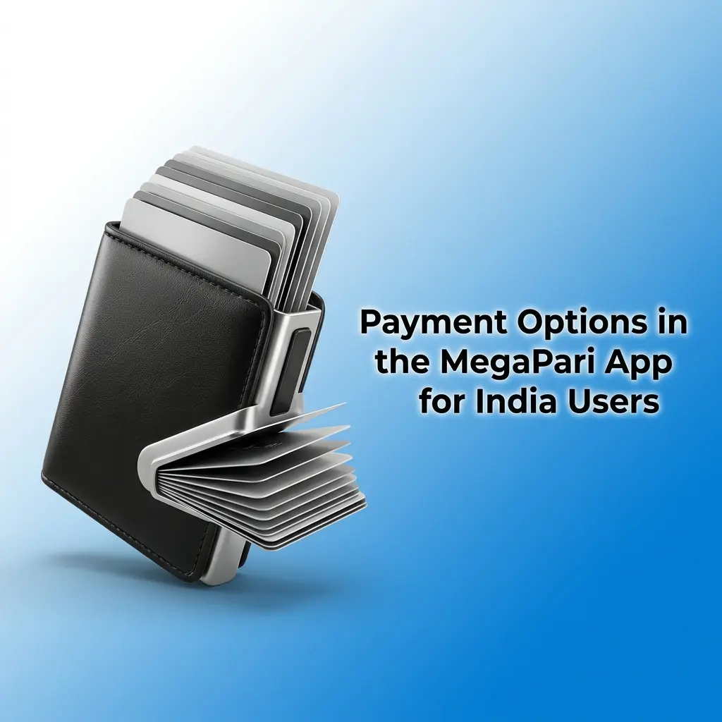 MegaPari app payment options for India users showing UPI, PhonePe, IMPS, NEFT, Jeton Wallet, and BTC methods in INR