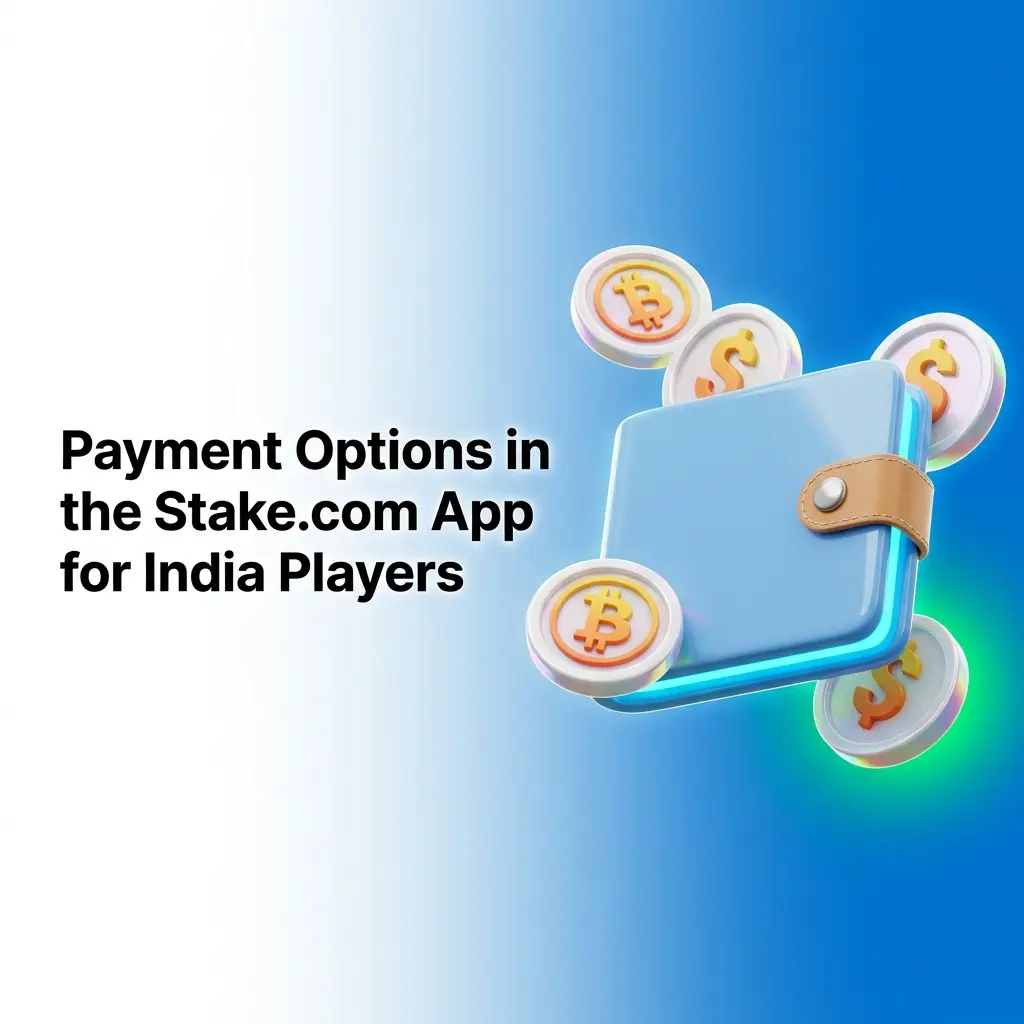 Stake.com app payment options showing 22 supported cryptocurrencies including BTC, ETH, USDT and DOGE for India players