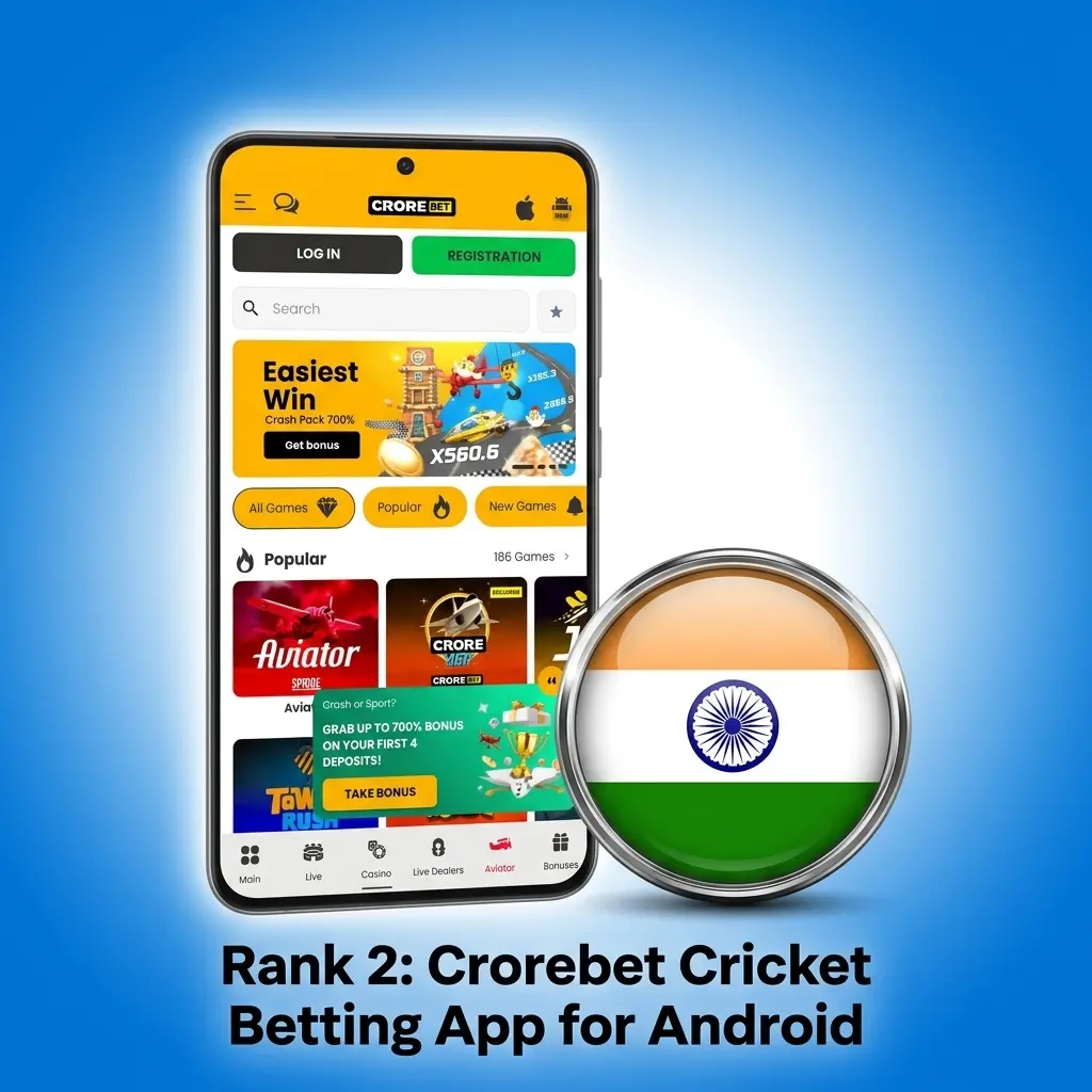 Crorebet cricket betting Android app interface showing IPL and ICC fixtures on home screen with live in-play markets